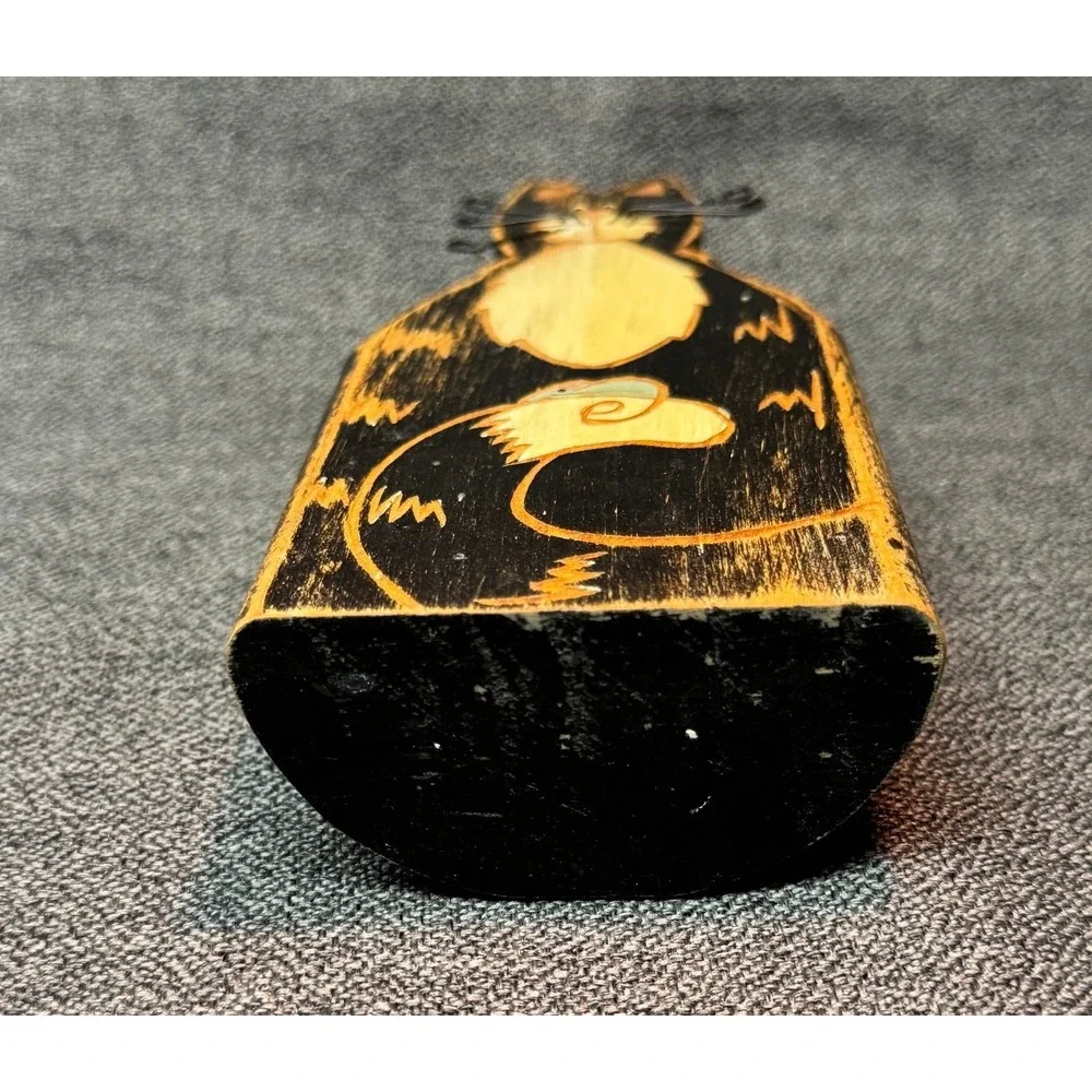 Wood Carved Black Cat Figurine Wire Whiskers Mouse Folk Art Statue Kitten Mice
